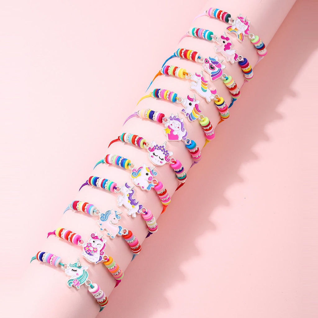 12-Piece Elastic Beaded Charm Bracelet Set – Assorted Cute Themes